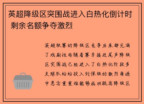 英超降级区突围战进入白热化倒计时 剩余名额争夺激烈