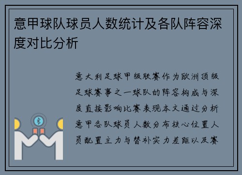 意甲球队球员人数统计及各队阵容深度对比分析